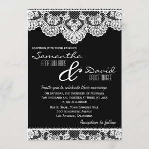 White Lace and Black Wedding Invitation Kaart