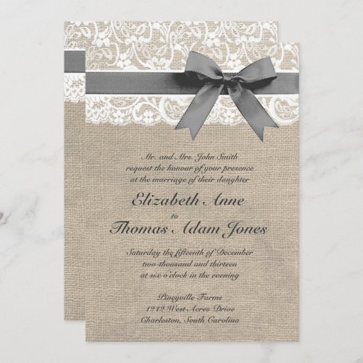 White Lace and Burlap Look Wedding Invitation Kaart (Voorkant / Achterkant)