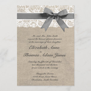 White Lace and Burlap Look Wedding Invitation Kaart