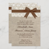 White Lace and Burlap Wedding Invitation- Brown Kaart (Voorkant / Achterkant)