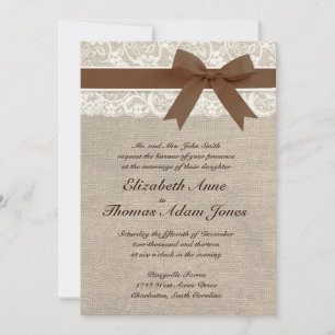 White Lace and Burlap Wedding Invitation- Brown Kaart