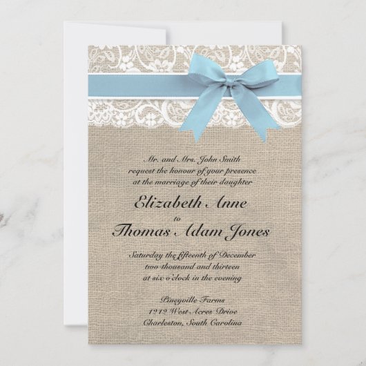 White Lace and Burlap Wedding Invitation - Capri Kaart (Voorkant)