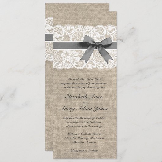 White Lace and Burlap Wedding Invitation Vertical Kaart (Voorkant / Achterkant)