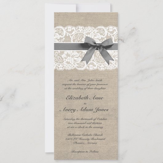 White Lace and Burlap Wedding Invitation Vertical Kaart (Voorkant)
