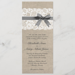 White Lace and Burlap Wedding Invitation Vertical Kaart