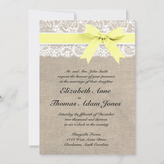 White Lace and Burlap Wedding Invitation- Yellow Kaart (Voorkant)