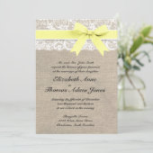 White Lace and Burlap Wedding Invitation- Yellow Kaart (Staand voorkant)