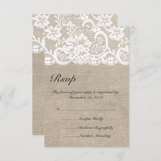 White Lace and Burlap Wedding RSVP Card (Voorkant / Achterkant)