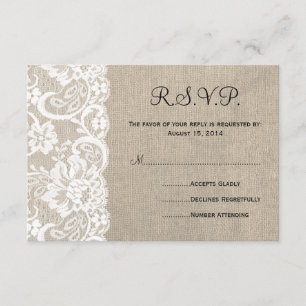 White Lace and Burlap Wedding RSVP Card 2 Kaartje