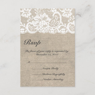 White Lace and Burlap Wedding RSVP Card Kaartje