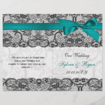 White lace, aqua ribbon book vouwprogramma Wedding