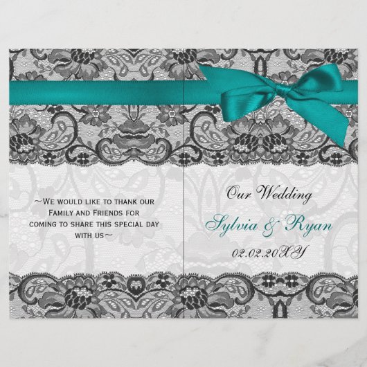 White lace, aqua ribbon book vouwprogramma Wedding (Voorkant)