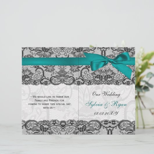 White lace, aqua ribbon book vouwprogramma Wedding (Staand voorkant)
