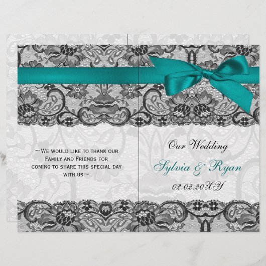 White lace, aqua ribbon book vouwprogramma Wedding (Voorkant / Achterkant)
