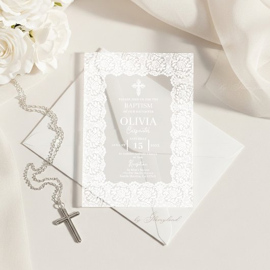 White Lace Baptism Acryl Uitnodigingen