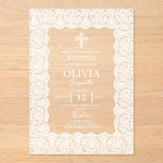 White Lace Baptism Acryl Uitnodigingen (Voorkant)