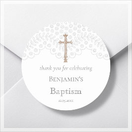 White Lace Baptism Bedankt Classic Round Sticker