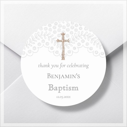 White Lace Baptism Bedankt Classic Round Sticker