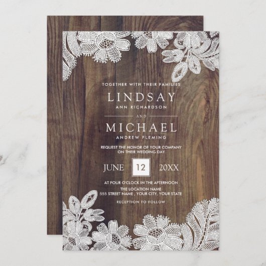 White Lace | Barn Wood Wedding Kaart (Voorkant / Achterkant)