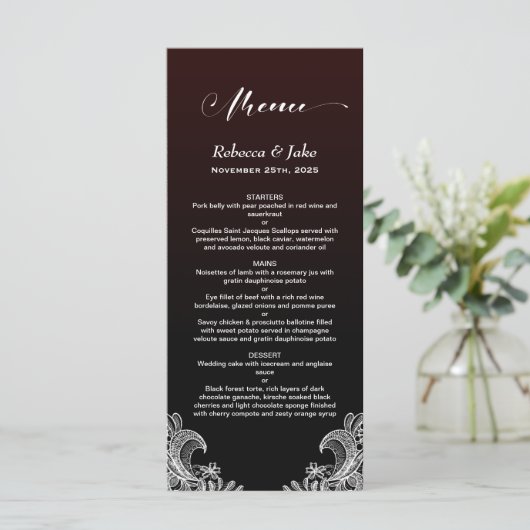White Lace Black en Burgundy Wedding Menu (Staand voorkant)
