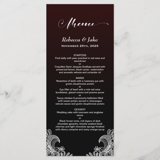White Lace Black en Burgundy Wedding Menu (Voorkant)