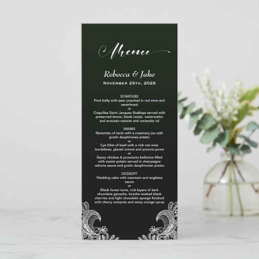 White Lace Black en Green Wedding Menu (Staand voorkant)