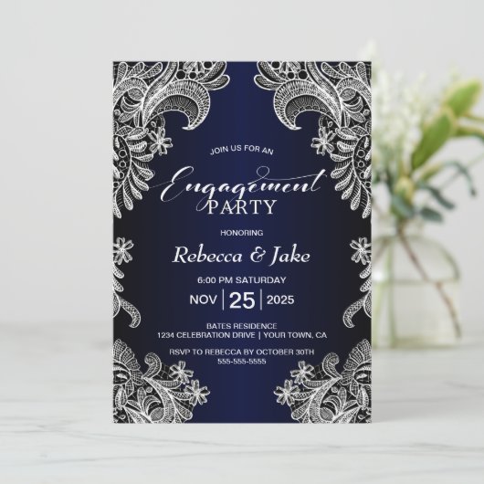 White Lace Blue Engagement Party Kaart (Staand voorkant)