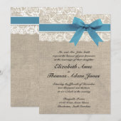 White Lace & Blue Ribbon Burlap Wedding Invitation Kaart (Voorkant / Achterkant)