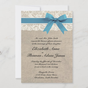 White Lace & Blue Ribbon Burlap Wedding Invitation Kaart