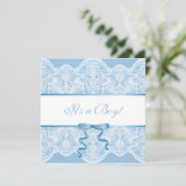 White Lace Blue Satin Het is een Boy Baby shower Kaart (Staand voorkant)