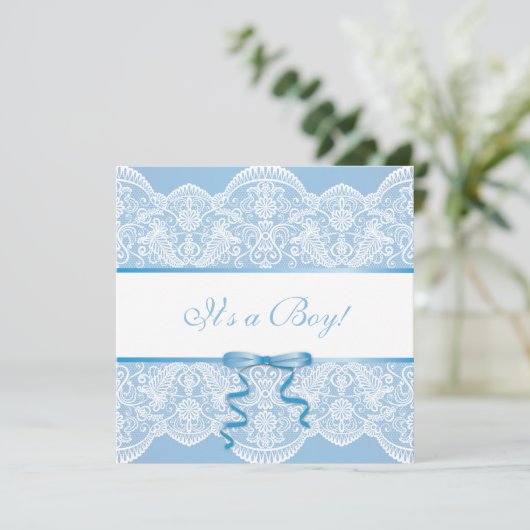 White Lace Blue Satin Het is een Boy Baby shower Kaart (Staand voorkant)