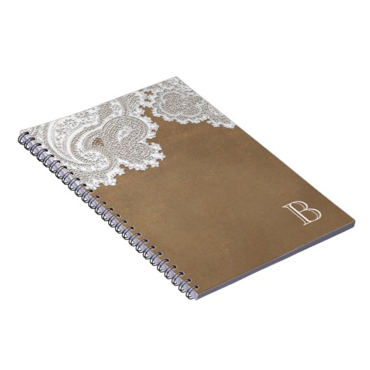 White Lace & Brown Rustic Chic Elegant Notitieboek (Rechterzijde)