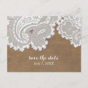 White Lace & Brown Rustic Chic Elegant Wedding Aankondigingskaart