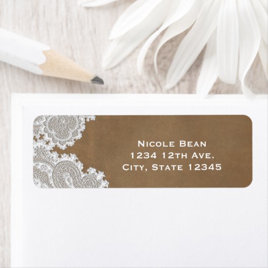 White Lace & Brown Rustic Chic Elegant Wedding Etiket (Insitu)