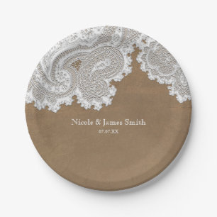 White Lace & Brown Rustic Chic Elegant Wedding Papieren Bordje