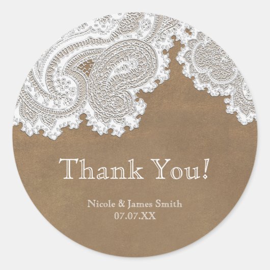 White Lace & Brown Rustic Chic Elegant Wedding Ronde Sticker (Voorkant)