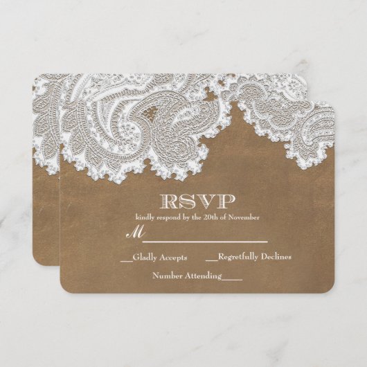 White Lace & Brown Rustic Elegant Wedding RSVP (Voorkant / Achterkant)