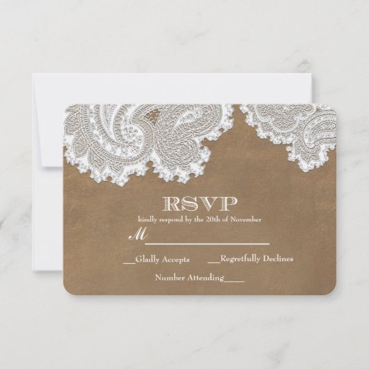 White Lace & Brown Rustic Elegant Wedding RSVP (Voorkant)