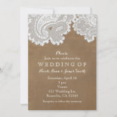 White Lace & Brown Suede Rustic Chic Wedding Kaart (Voorkant)