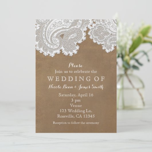 White Lace & Brown Suede Rustic Chic Wedding Kaart (Staand voorkant)
