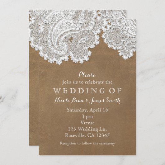 White Lace & Brown Suede Rustic Chic Wedding Kaart (Voorkant / Achterkant)