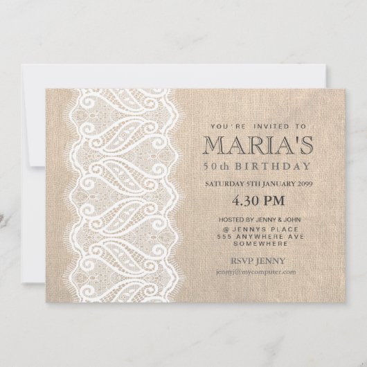 White Lace & Burlap 50th Birthday Party Invite Kaart (Voorkant)