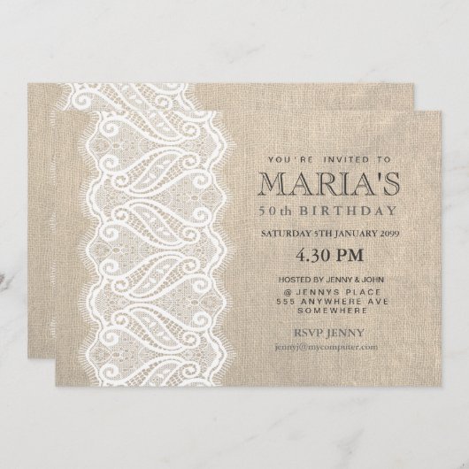 White Lace & Burlap 50th Birthday Party Invite Kaart (Voorkant / Achterkant)