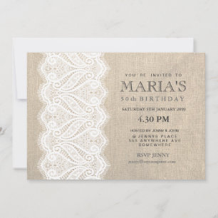 White Lace & Burlap 50th Birthday Party Invite Kaart