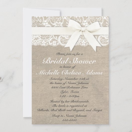 White Lace Burlap Bridal Shower Invitation Kaart (Voorkant)