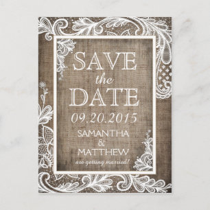 White Lace Burlap Modern Gothic Save the Date Aankondigingskaart