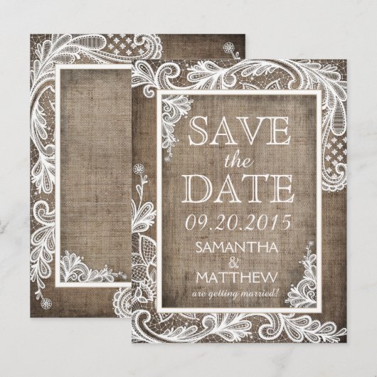 White Lace Burlap Modern Gothic Save the Date Aankondigingskaart (Voorkant / Achterkant)