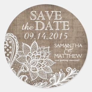 White Lace Burlap Modern Gothic Save the Date Labe Ronde Sticker