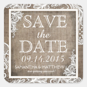 White Lace Burlap Modern Gothic Save the Date Labe Vierkante Sticker