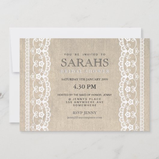 White Lace & Burlap Vrijgezellenfeest Party Invite Kaart (Voorkant)